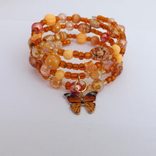 Load image into Gallery viewer, Orange Bead &amp; Monarch Butterfly Handmade Memory Wire Bracelet

