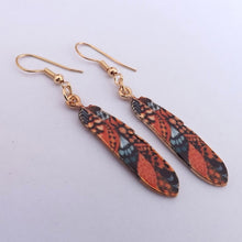 Load image into Gallery viewer, Orange, Blue &amp; Gold Tone Feather Drop Earrings
