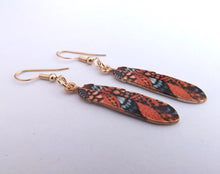 Load image into Gallery viewer, Orange, Blue &amp; Gold Tone Feather Drop Earrings
