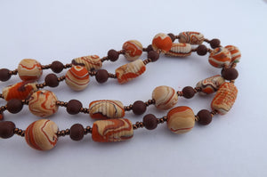 Orange, Cream & Brown Vintage Handmade Polymer Clay Bead Necklace