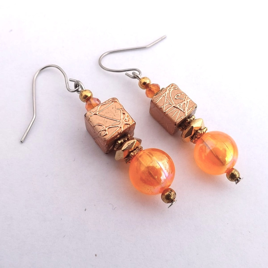 Orange & Gold Handmade Bead Earrings
