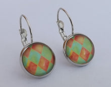 Load image into Gallery viewer, Orange &amp; Green Checkered Dome Earrings on Lever Back Hooks
