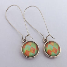 Load image into Gallery viewer, Orange &amp; Green Checkered Dome Earrings on Long Kidney Hooks
