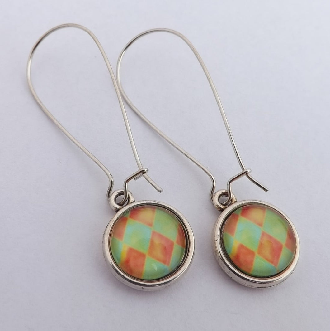 Orange & Green Checkered Dome Earrings on Long Kidney Hooks