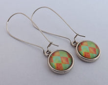 Load image into Gallery viewer, Orange &amp; Green Checkered Dome Earrings on Long Kidney Hooks
