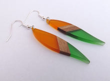 Load image into Gallery viewer, Orange &amp; Green Resin &amp; Wood Drop Earrings
