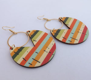 Orange, Green, Blue & Cream Wood & Gold Tone Earrings