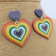 Load image into Gallery viewer, Orange, Green &amp; Purple Acrylic Heart Earrings
