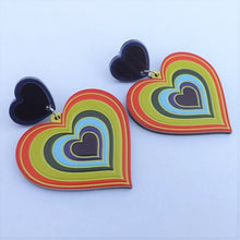 Load image into Gallery viewer, Orange, Green &amp; Purple Acrylic Heart Earrings
