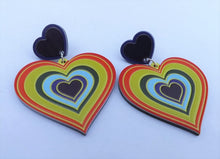 Load image into Gallery viewer, Orange, Green &amp; Purple Acrylic Heart Earrings

