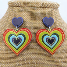 Load image into Gallery viewer, Orange, Green &amp; Purple Acrylic Heart Earrings
