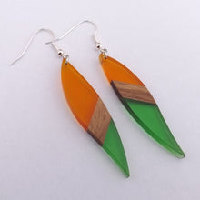 Load image into Gallery viewer, Orange &amp; Green Resin &amp; Wood Drop Earrings
