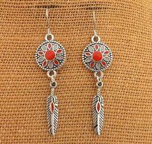 Load image into Gallery viewer, Orange, Grey &amp; Silver Tone Flower &amp; Feather Drop Earrings
