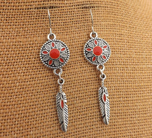 Load image into Gallery viewer, Orange, Grey &amp; Silver Tone Flower &amp; Feather Drop Earrings
