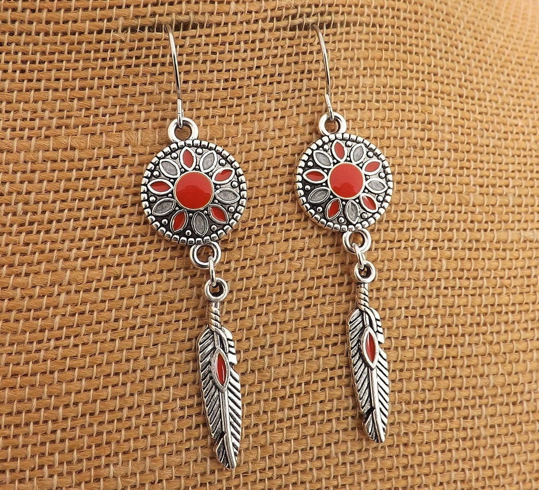 Orange, Grey & Silver Tone Flower & Feather Drop Earrings