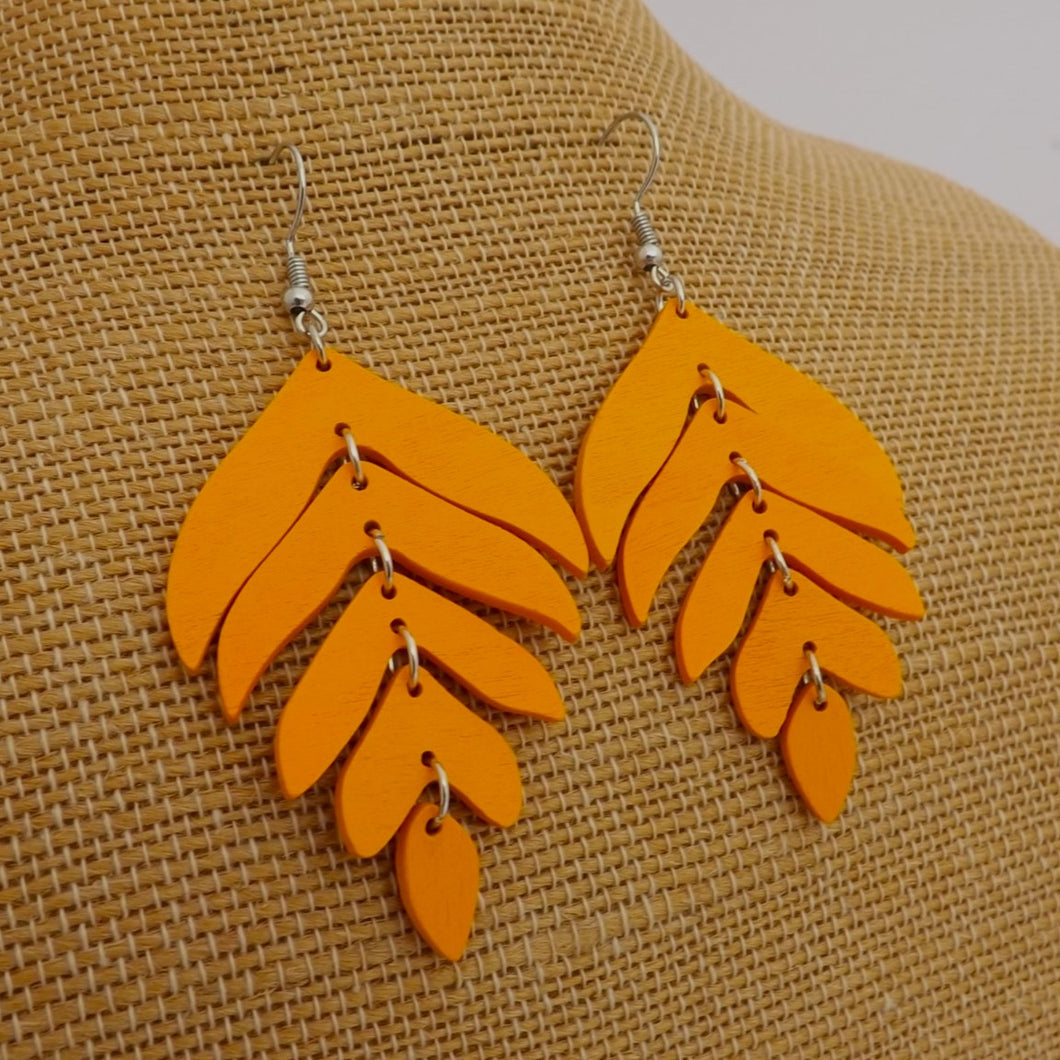 Orange Leaf Light Wooden Drop Earrings