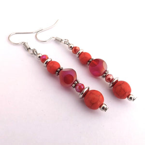Orange & Red Glass & Stone Handmade Bead Earrings