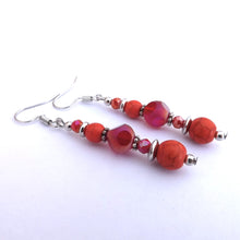 Load image into Gallery viewer, Orange &amp; Red Glass &amp; Stone Handmade Bead Earrings
