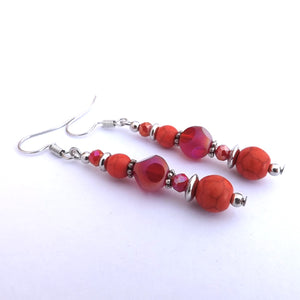 Orange & Red Glass & Stone Handmade Bead Earrings