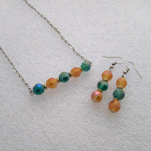 Orange & Teal Frosted Handmade Bead Bar Necklace with Matching Earrings
