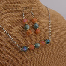 Load image into Gallery viewer, Orange &amp; Teal Frosted Handmade Bead Bar Necklace with Matching Earrings
