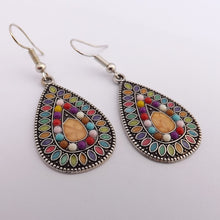 Load image into Gallery viewer, Orange, Warm Multi Coloured &amp; Silver Tone Dotted Tear Drop Earrings
