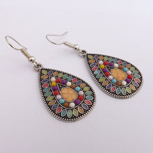 Load image into Gallery viewer, Orange, Warm Multi Coloured &amp; Silver Tone Dotted Tear Drop Earrings
