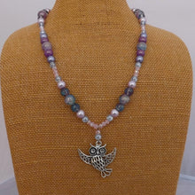 Load image into Gallery viewer, Owl Charm, Blue &amp; Purple Handmade Glass Bead Necklace

