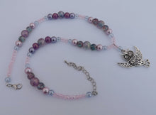 Load image into Gallery viewer, Owl Charm, Blue &amp; Purple Handmade Glass Bead Necklace
