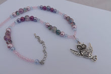 Load image into Gallery viewer, Owl Charm, Blue &amp; Purple Handmade Glass Bead Necklace
