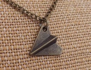 Paper Plane Bronze Tone Pendant Necklace