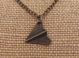 Paper Plane Bronze Tone Pendant Necklace