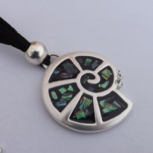 Load image into Gallery viewer, Paua Chips on Black, Bright Silver Koru Pendant Necklace, Black Cord with Clasp
