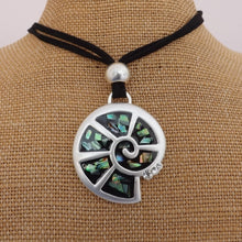 Load image into Gallery viewer, Paua Chips on Black, Bright Silver Koru Pendant Necklace, Black Cord with Clasp
