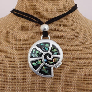 Paua Chips on Black, Bright Silver Koru Pendant Necklace, Black Cord with Clasp