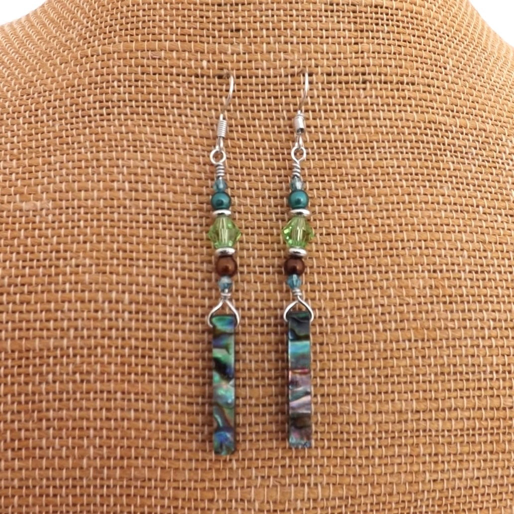 Paua & Bead Wire wrapped Green & Brown Handmade Bead Earrings