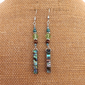 Paua & Bead Wire wrapped Green & Brown Handmade Bead Earrings