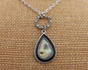 Paua, Black & Silver Tone Teardrop Pendant Necklace