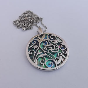 Paua Shell & Silver Tone Filigree Pendant Necklace