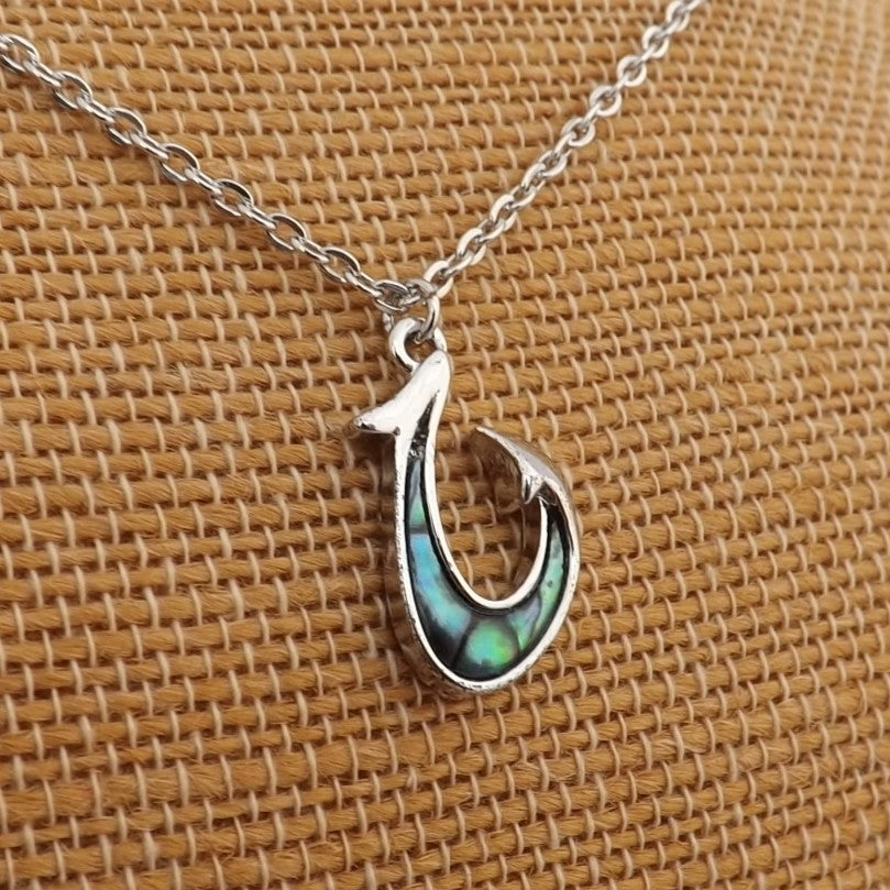 Paua & Silver Tone Hook Pendant Necklace