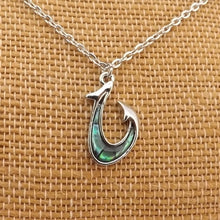 Load image into Gallery viewer, Paua &amp; Silver Tone Hook Pendant Necklace
