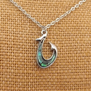 Paua & Silver Tone Hook Pendant Necklace