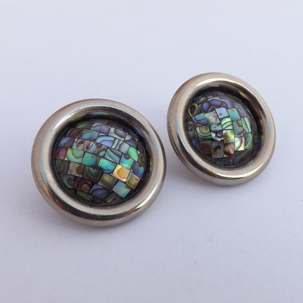 Paua & Silver Tone Round Stud Earrings