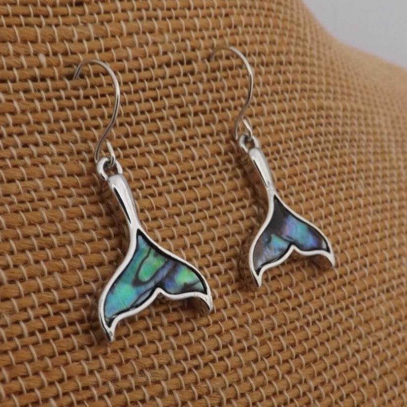 Paua & Silver Tone Whale Tale Earrings