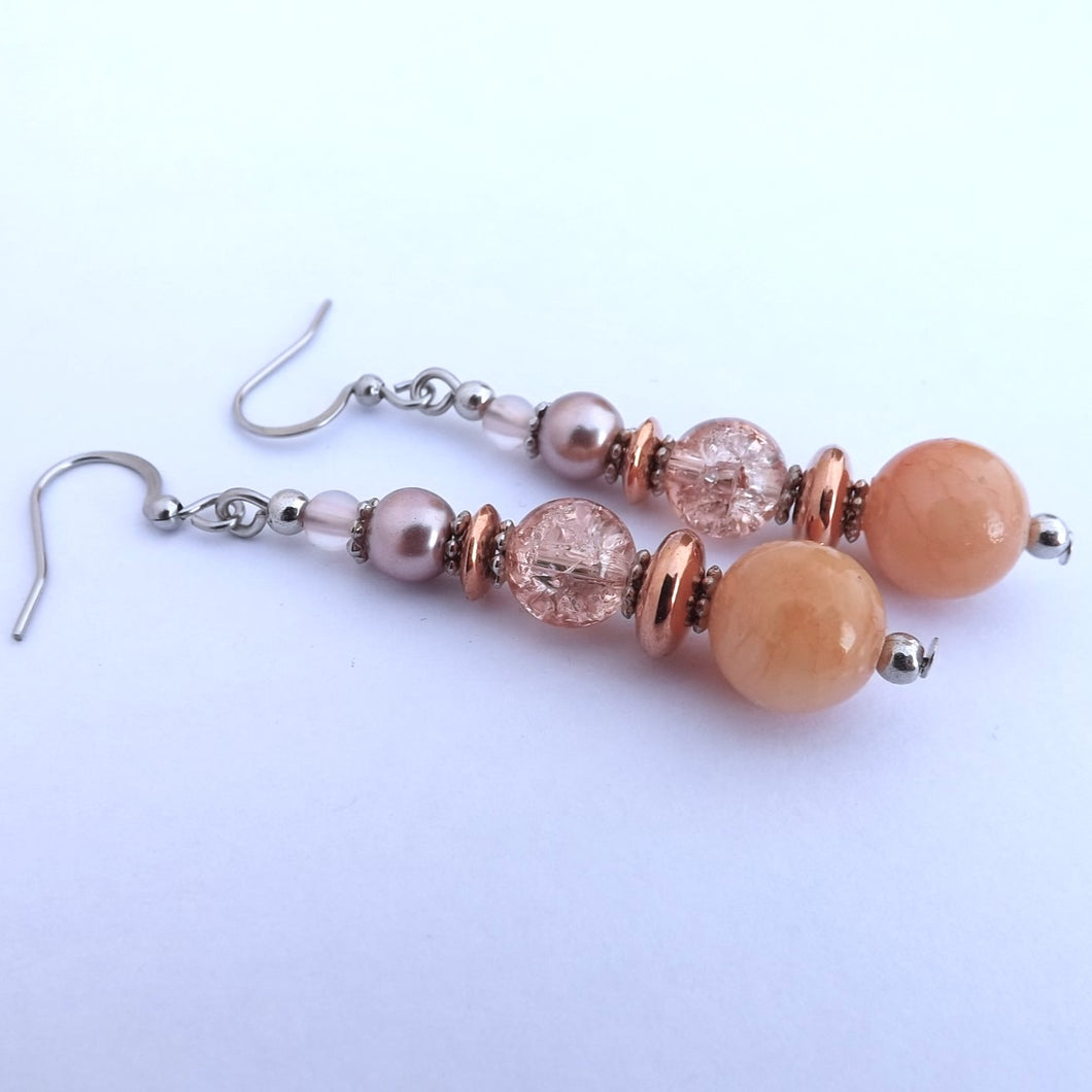 Peach Orange Glass & Stone Handmade Bead Earrings