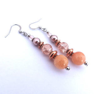 Peach Orange Glass & Stone Handmade Bead Earrings