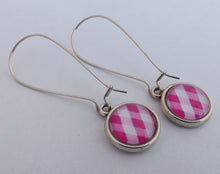 Load image into Gallery viewer, Pink Checkered Dome Earrings on Long Kidney Hooks
