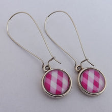 Load image into Gallery viewer, Pink Checkered Dome Earrings on Long Kidney Hooks
