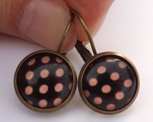 Load image into Gallery viewer, Pink Dots on Black - Dome Earrings on Lever back hooks
