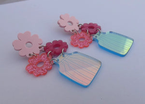 Pink Flowers in Vase Chunky Acrylic Drop Earrings